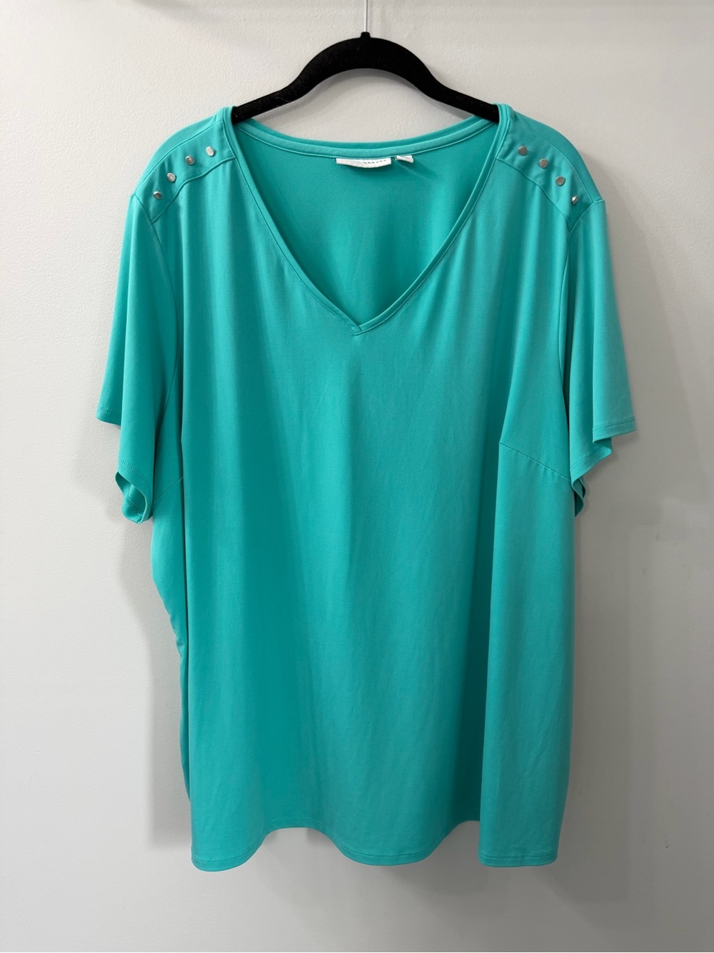 Susan Graver Teal Relaxed V-Neck Stud Shoulder Tee - 3X
